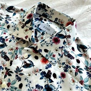 ETON Men’s Long Sleeve, Floral Print Button Up Shirt - Size 44 Slim, 17.5 Neck